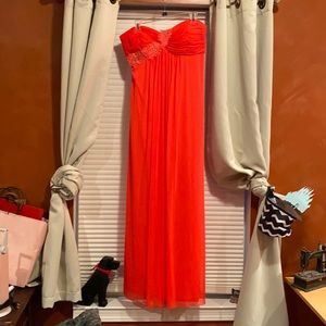 Size 14 coral with gold embellishments over the shoulder gown